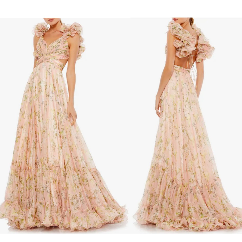Mac Duggal Ruffle Tiered Floral Cut-Out Chiffon Gown Pink Floral 6 Great Condi-N